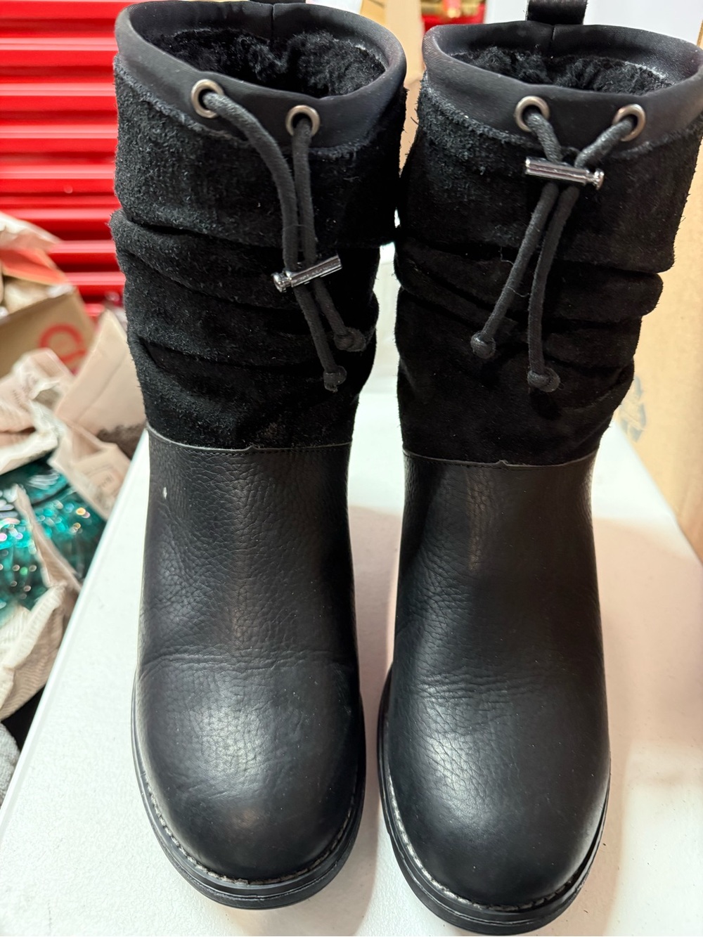 Emu Black Faux Leather and Suede Mid-Calf Drawcord Boots
